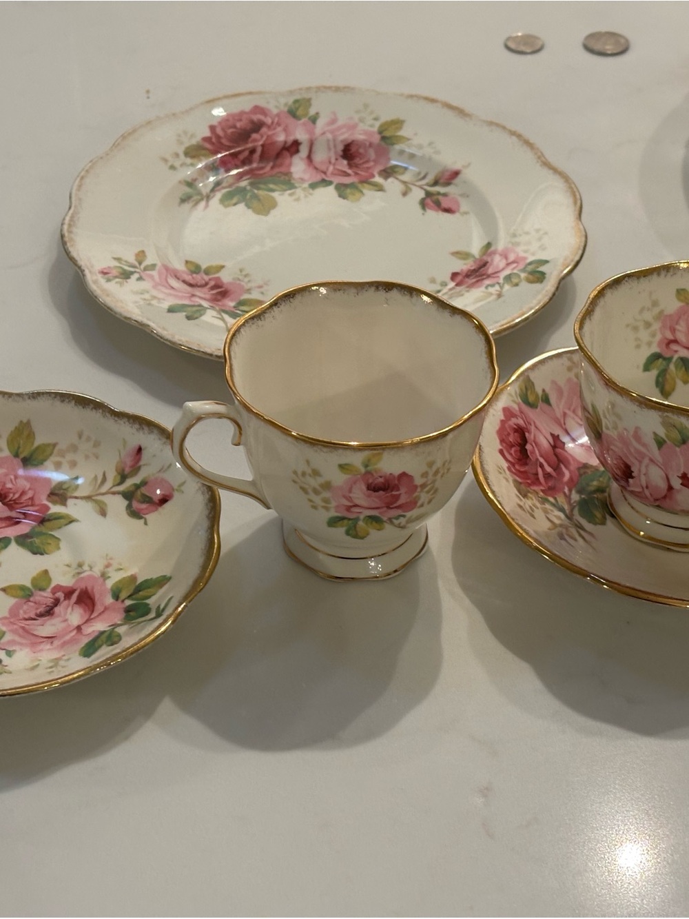 2 Royal Albert Pink Rose Tea Cup & Saucer Sets with Gold Trim & match side plate